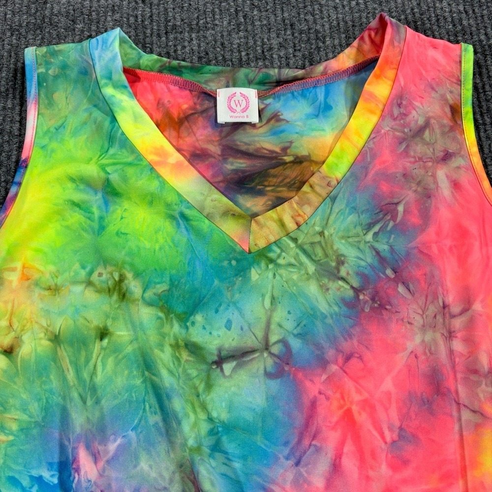 Wanna B Tie Dye Tank Top Women‎ Large Multicolor V-Neck Side Knot TA2141